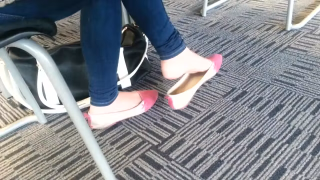 Candid Asian teen 18+ Shoeplay Feet Dangling Pink Flats 2