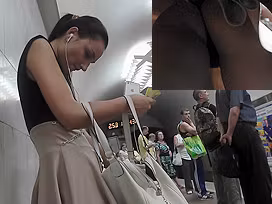 Skinny brunette takes in amazing upskirt porno