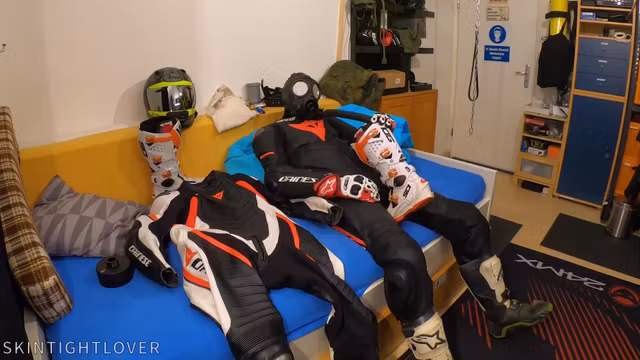 Wanking in biker suit cum