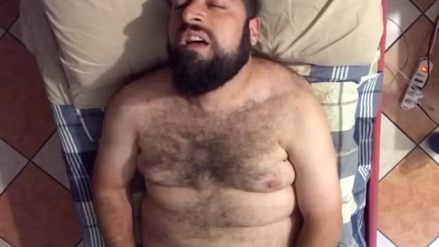 Big Hairy Bearded Bear Horny On The Bed Solo Jerk Off Moaning Orgasm Face. Beautiful Agony