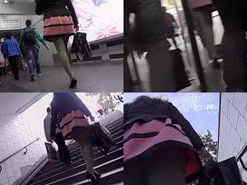 Long-legged brunette shows g-string in candid upskirts
