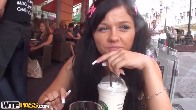 Horny teen 18+ Bella gives hard blowjob to barman in the bar's toilet