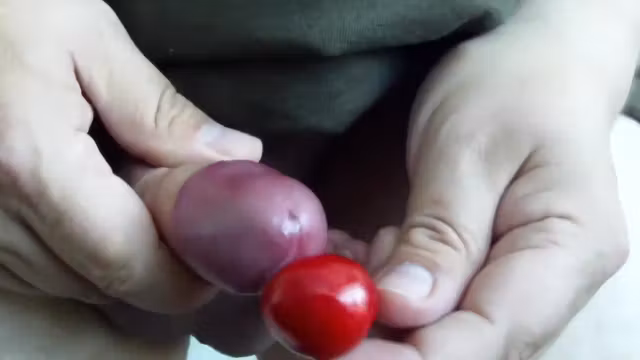 Uncut cock cumming twice on a cherry