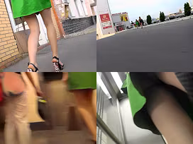Auburn-haired babe wears a thong in upskirt vid