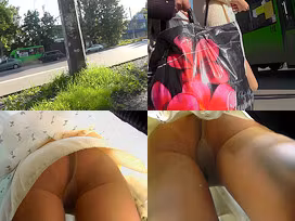 Thong upskirt shot of skinny buttocks of a slim babe