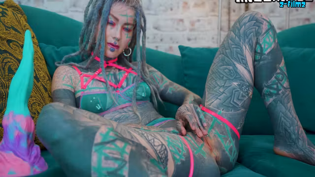 Ink Covered Beauty Solo Anal Toy Play In Lace Lingerie