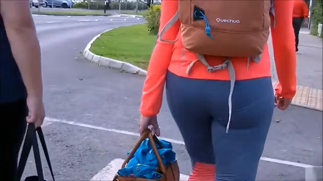 Blue spandex pants hug her sexy big ass