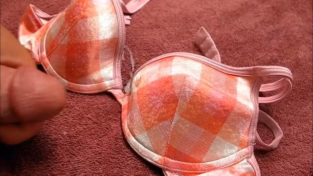 Cum on Little Orange and Pink Plaid Bra