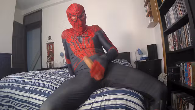 Wanking His Erect Cock And Cumming With A Big Cumshot - Spider Man