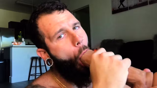 Bearded jock masturbates and rides toy