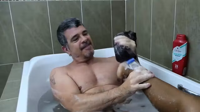 Mature perv Daddy enjoys taking bath with young stud Russel