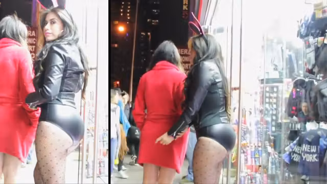 Seductive bunny with a huge butt wears really short latex pants