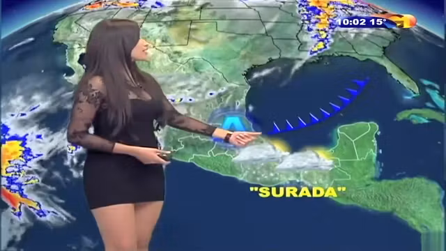 Raven-haired cutie wears a short dress on TV