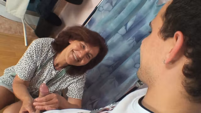 Sewing granny sucks and rides his young dick