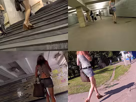 Redhead skank in mini denim skirt in upskirt video