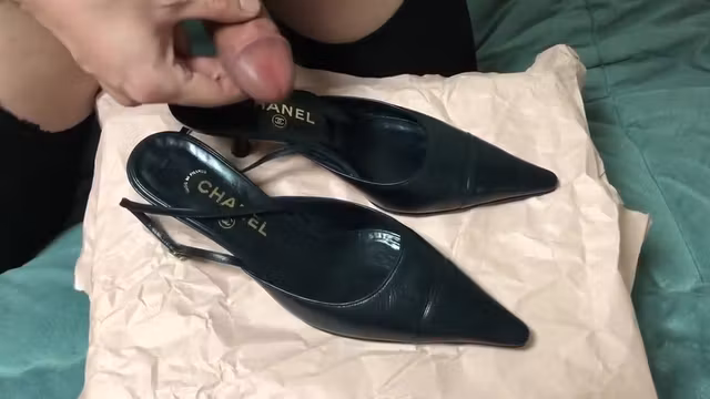 Cum in her shoes ! (Chanel black slingback heels)