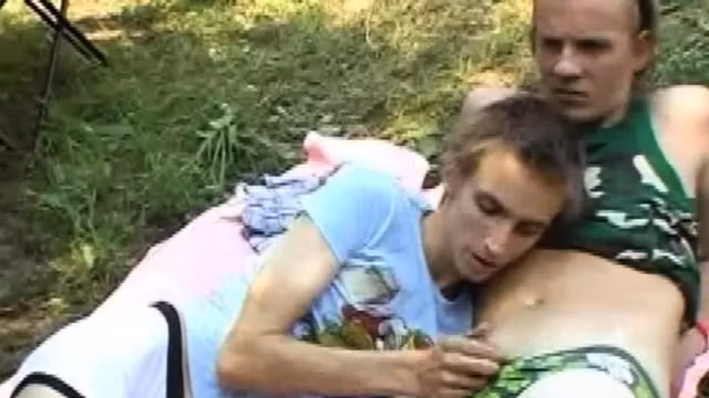 Camping twink tasting cum after breeding duo