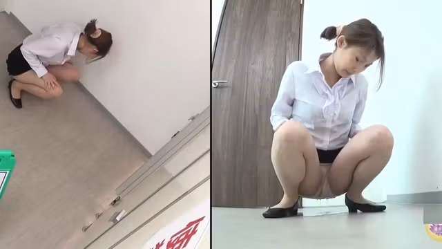 Japanese wetting herself in the bathroom